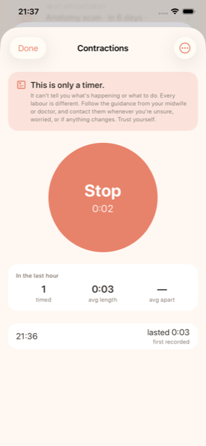 Contraction timer screen that gently reminds you it is only a timer