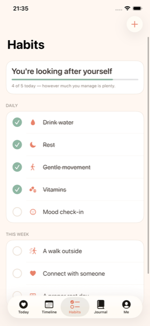 Habits screen showing gentle self-care goals
