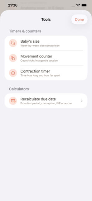 Tools screen with baby size, movement counter and contraction timer